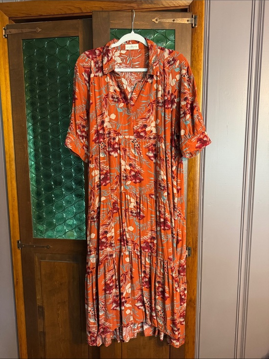 NATURAL LIFE Dresses & Skirts - NATURAL LIFE Rust Orange Floral Tiered Midi Dress